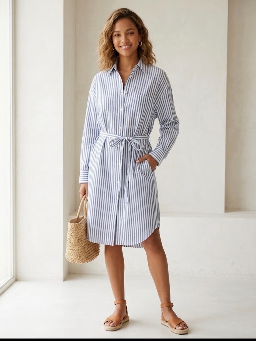 Vince Space-dye Coastal Stripe Oversized Belted Button Down Shirt Dress XL.